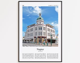 Impression couleur Napier, affiche photo réelle Napier, cadeau affiche de voyage Napier, affiche de voyage Nouvelle-Zélande, impression ville minimale, impression d'art mural