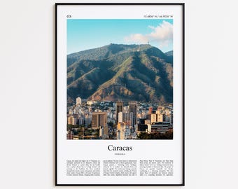 May include: A framed print featuring a scenic view of Caracas, Venezuela, with a mountain backdrop and a cityscape. The print includes the city's name and geographical coordinates. The sky is blue with some clouds.