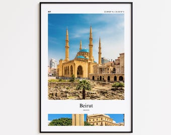 May include: Framed print featuring a photograph of the Al-Amin Mosque in Beirut, Lebanon. The mosque has a yellow facade and blue domes, set against a clear blue sky. The word "Beirut" is printed below the image.