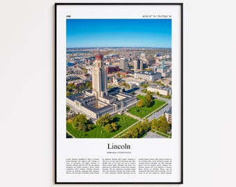 Impresión a color de Lincoln, póster fotográfico real de Lincoln, póster de viaje de Lincoln, regalo, Nebraska, Estados Unidos, póster de viaje de EE. UU., impresión minimalista de ciudad