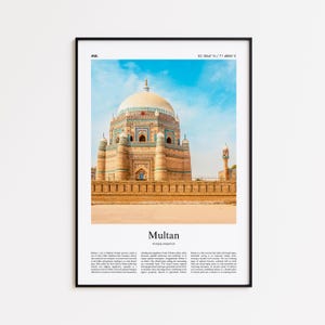 May include: Framed print featuring a detailed photograph of a historical building in Multan, Pakistan. The building has a large dome and intricate brickwork, set against a bright blue sky. The word "Multan" is printed at the bottom.