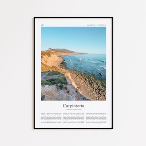 May include: A framed print featuring a coastal landscape of Carpinteria, California, under a clear blue sky. The image showcases a cliffside view of the ocean, with text at the bottom reading "Carpinteria, California, United States."