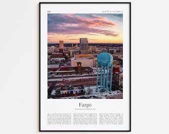 Impresión a color de Fargo, póster fotográfico real de Fargo, póster de viaje de Fargo, póster de viaje de Dakota del Norte, impresión minimalista de ciudad, impresión de arte mural