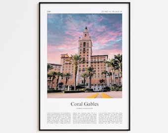 Impresión a color de Coral Gables, póster con foto real de Coral Gables, póster de viaje de Coral Gables, regalo, Florida, Estados Unidos, EE. UU., impresión de arte mural