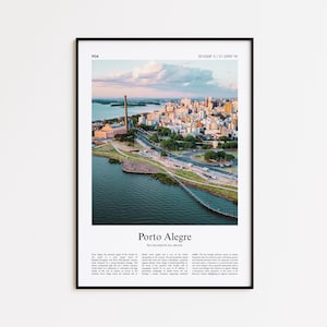 May include: A framed print featuring an aerial view of Porto Alegre, Brazil, with a cityscape, river, and bridge. The print has a black frame and includes the city's name and coordinates.