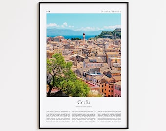 May include: Framed print showing the Corfu cityscape in Greece, with a church tower and the sea under a blue sky. The print includes the text "Corfu" and coordinates. The buildings are in various colours.
