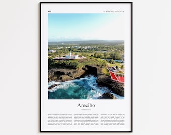 Färgtryck i Arecibo, affisch med riktig foto i Arecibo, reseaffisch i Arecibo, reseaffisch i Puerto Rico, minimalistiskt stadstryck, väggkonsttryck