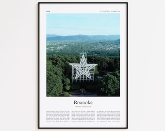 Roanoke Farbdruck, Roanoke Echtfoto Poster, Roanoke Reise Poster Geschenk, Virginia, Vereinigte Staaten, USA Reiseplakat, Minimal Stadt Print