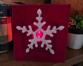 Red Snowflake Glass Candle Holder, Handmade Fused Votive, Festive Apartment Decor