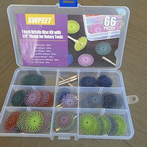 66Pcs 1 Inch 6 Mixed Grit Radial Bristle Disc Abrasive Brush Gap Polishing Pad Buffing Wheel Asrt. Kit with 1/8&quot; Shank for Rotary Tools