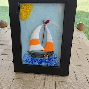 Sailboat fused glass framed art, nautical home decor, handmade wall or tabletop decor, colorful gift for birthdays, Father&#39;s Day