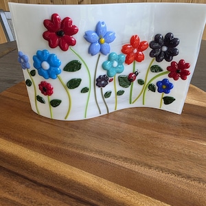 Fused Glass Wildflower Meadow Art, Handmade Floral Shelf Decor, Colorful Glass Flowers, Nature Scene Home Accent, Gift for Gardeners