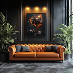 Burning Black Rose – Dark Modern Wall Art, Gothic Flower Digital Print, Fiery Rose Poster