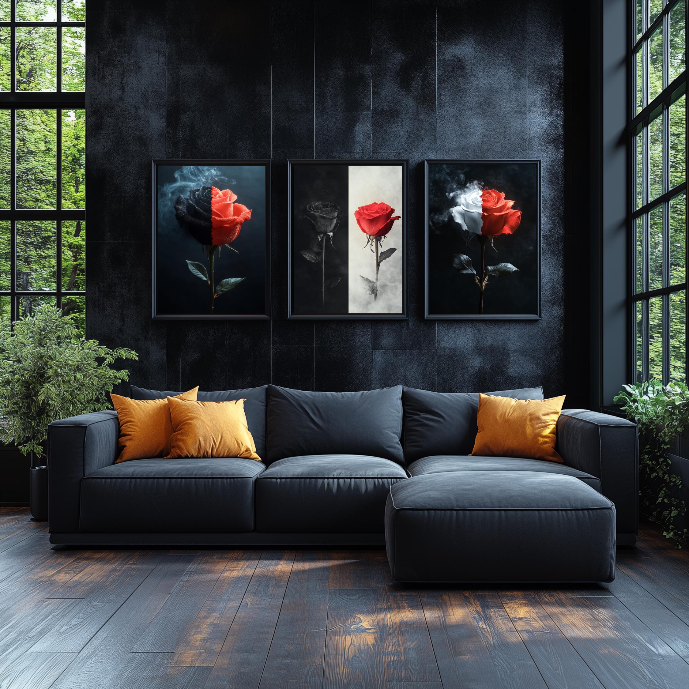 Black and Red Rose Art Print Set: Modern Floral Wall Decor (digital ...