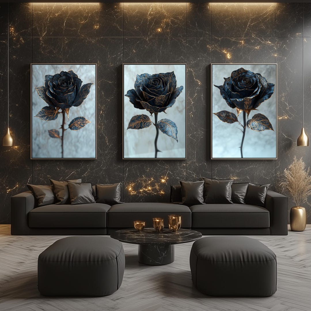 Black and Gold Rose Art Print Set: Luxury Floral Wallpapers (digital ...
