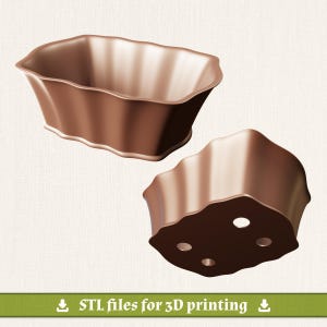 May include: A brown, rectangular, fluted planter with a wavy rim and a matching base featuring four circular drainage holes. The image includes the text "STL files for 3D printing" at the bottom, indicating a digital design for fabrication.