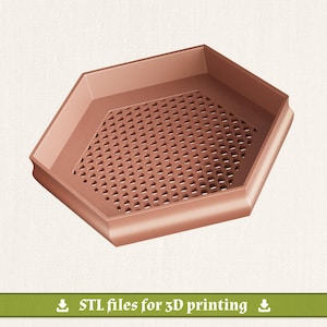 May include: A copper-colored hexagonal tray featuring a raised rim and a base with a repeating geometric honeycomb pattern of small cutouts. The bottom of the image displays a green banner with the white text: STL files for 3D printing.
