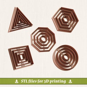 May include: A set of five brown geometric cookie cutters, including triangle, square, hexagon, octagon, and circle shapes, each nested with smaller versions of the same shape. A green banner at the bottom displays the text STL files for 3D printing.