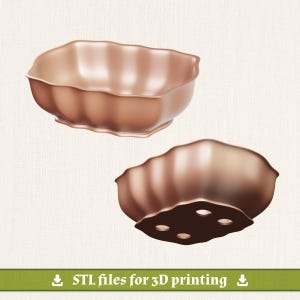May include: Two copper-coloured rectangular bowls with scalloped edges and wavy sides. The top bowl is shown from an elevated angle, while the bottom bowl is shown from an underside perspective, revealing four circular drainage holes in the base.