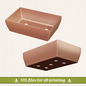 May include: A rectangular copper-colored basin with a smooth finish, shown from two angles. The top view reveals a hollow interior with two circular drain holes, while the bottom view displays a flat base featuring six small circular openings.