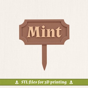 May include: A brown garden plant marker with a rectangular shape featuring decorative scalloped edges and a pointed stake at the bottom. The word Mint is embossed in a light tan color in the center of the sign in a serif font style.