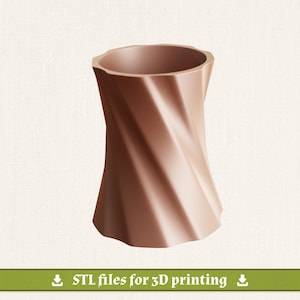 May include: A light brown cylindrical container featuring a spiraling, twisted vertical pattern along its exterior surface. The object has an open top and a solid base. A green banner at the bottom displays the text: STL files for 3D printing.