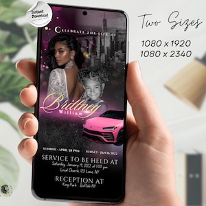 May include: A smartphone displays a memorial template with a photo of a woman and a child, a pink car, and text that reads "Brittney William". The template includes event details and the text "Two Sizes" with dimensions.