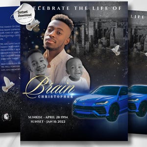 Può includere: Design di biglietto commemorativo con ritratto di un uomo e due bambini, con grafica di auto sportiva blu. Il testo recita "CELEBRATE THE LIFE OF Brain Christopher". Include le date: Sunrise 28 aprile 1994, Sunset 16 gennaio 2022.