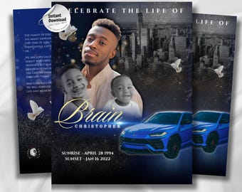 Plantilla de programa funerario de automóvil azul y negro: Memorial editable de 8 páginas (Canva PDF) Celebración de la vida