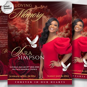 Puede incluir: Anuncio conmemorativo con foto de mujer en vestido rojo, texto "Loving Memory" y nombre "Sara Simpson". Incluye fechas, horas y la frase "Forever in Our Hearts".