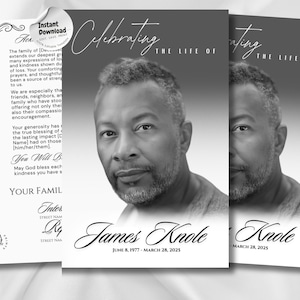 May include: A grayscale memorial card set featuring a portrait of a man, with the text "Celebrating the Life of" and the name "James Knole" along with his birth and death dates. Includes a separate card with text.