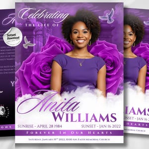 Può includere: Design di biglietto commemorativo con una donna in abito viola, con il testo "Celebrating The Life Of Anita Williams". Il design include rose viola, colombe e le date 28 aprile 1984 - 16 gennaio 2022. Download digitale.