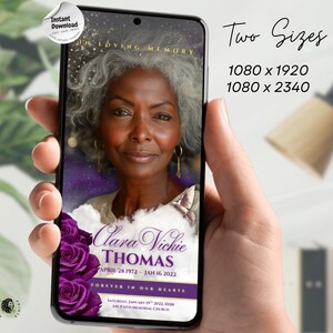 May include: A smartphone displays a memorial design with a portrait of a woman, text reading "In Loving Memory," and the name "Clara Vickie THOMAS." Purple roses and gold accents adorn the design. The screen also shows "Two Sizes" and dimensions.