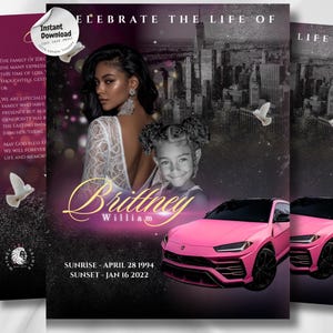 Può includere: Design di biglietto commemorativo con una donna e un bambino, e un'auto sportiva rosa. Il testo recita "Celebra la vita di" e "Brittney William". Include le date "Alba - 28 aprile 1994" e "Tramonto - 16 gennaio 2022".