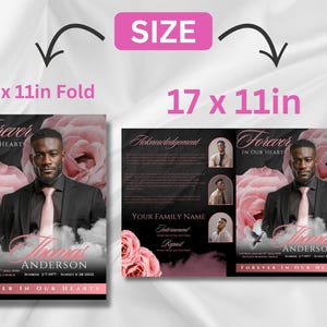 Puede incluir: Folleto conmemorativo con fondo negro y detalles florales rosas. El folleto presenta un retrato de un hombre con traje y corbata, con el texto "Forever in Our Hearts" y el nombre "Thomas Anderson". El folleto mide 21,6 x 27,9 cm plegado y 43,2 x 27,9 cm abierto.