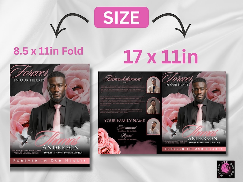 Puede incluir: Folleto conmemorativo con fondo negro y detalles florales rosas. El folleto presenta un retrato de un hombre con traje y corbata, con el texto "Forever in Our Hearts" y el nombre "Thomas Anderson". El folleto mide 21,6 x 27,9 cm plegado y 43,2 x 27,9 cm abierto.