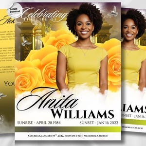 May include: A funeral program template featuring a portrait of a smiling person in a yellow dress, surrounded by yellow roses, golden gates, and white doves. The text reads Celebrating the Life of Anita Williams, Sunrise April 28 1984, Sunset Jan 16 2022.