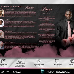 Puede incluir: Plantilla de servicio conmemorativo plegable en dos, con un esquema de color negro y rosa. El lado izquierdo presenta fotos y texto para familiares y amigos, mientras que el lado derecho incluye una oraci&oacute;n y una foto de un hombre con un traje con rosas rosas.