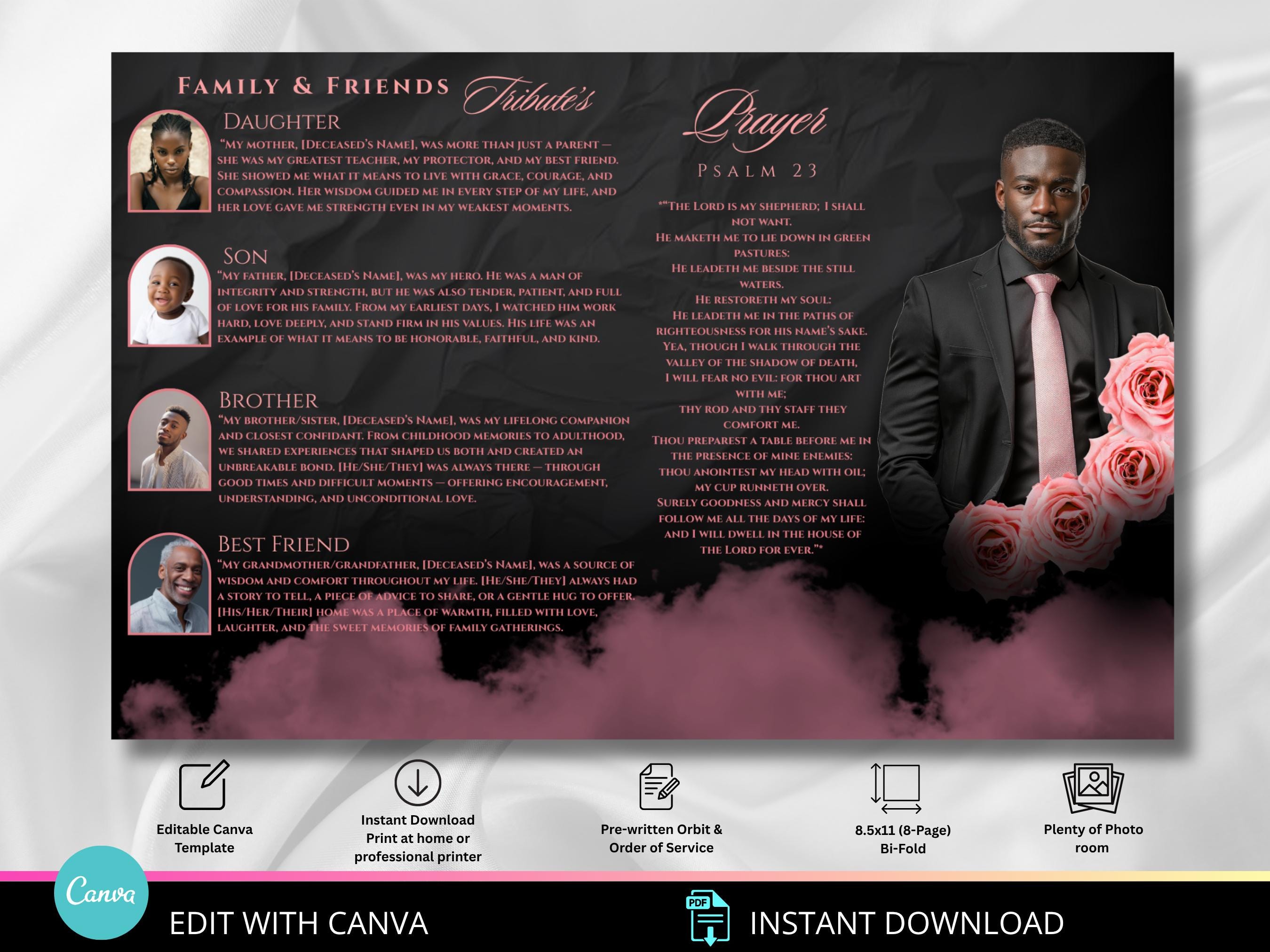 Black & Pink Roses Funeral Program Template: Editable 8-page Memorial ...
