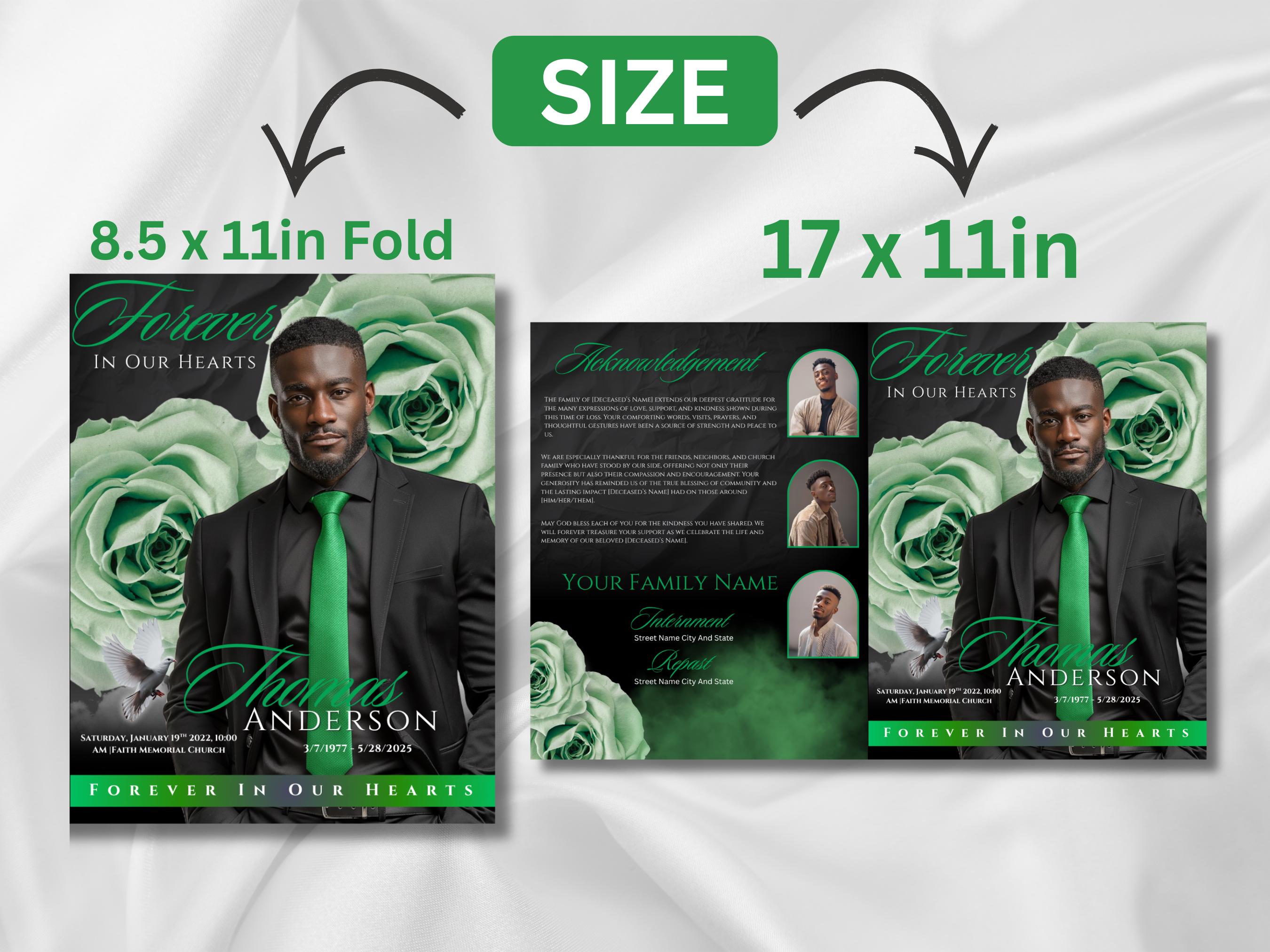 Black & Green Roses Funeral Program Template: Editable 8-page Memorial ...