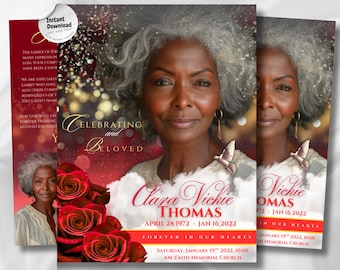 Plantilla de programa funerario Royal Red Rose: Memorial editable de 8 páginas (Canva PDF)