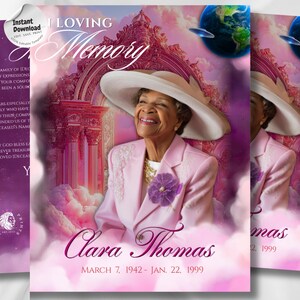 Op de afbeelding: Herdenkingskaart met de tekst "Loving Memory" en de naam "Clara Thomas". De afbeelding toont een lachende vrouw in een roze pak en hoed, met data en een achtergrond van wolken en architecturale elementen.