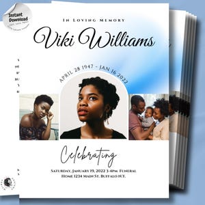May include: A funeral program template featuring the text In Loving Memory Viki Williams, April 28 1947 - Jan 16 2022, and Celebrating. The design includes three photographs of individuals, a blue gradient arch, and event details for a service in Buffalo, N.Y.