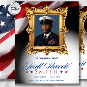 Könnte beinhalten: Gedenkkarte mit einem Porträt in einem goldenen, verzierten Rahmen, vor dem Hintergrund einer amerikanischen Flagge. Die Karte enthält den Text "In Loving Memory", den Namen "Jerell Shawdel Smith", Daten und Serviceinformationen.