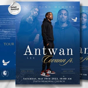 May include: A memorial announcement with a blue gradient background, featuring a portrait of a person in a black hoodie and jeans. The text reads "In Loving Memory" and includes the name "Antwan Lee Covann Jr." with dates and event details.