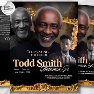 Può includere: Un annuncio commemorativo per Todd Smith Bozeman Jr. presenta ritratti del defunto ed elementi decorativi dorati. Il testo include date e dettagli del servizio, con le parole "Download istantaneo" nell'angolo in alto a sinistra.