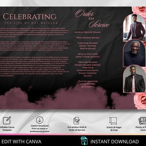 Puede incluir: Un programa de servicio conmemorativo plegable en dos, con un fondo oscuro y acentos rosas. El texto dice "Celebrando la vida de nuestros seres queridos" y "Orden del servicio". Incluye espacio para fotos y detalles del servicio. Con el texto "Editar con Canva" y "Descarga instant&aacute;nea".