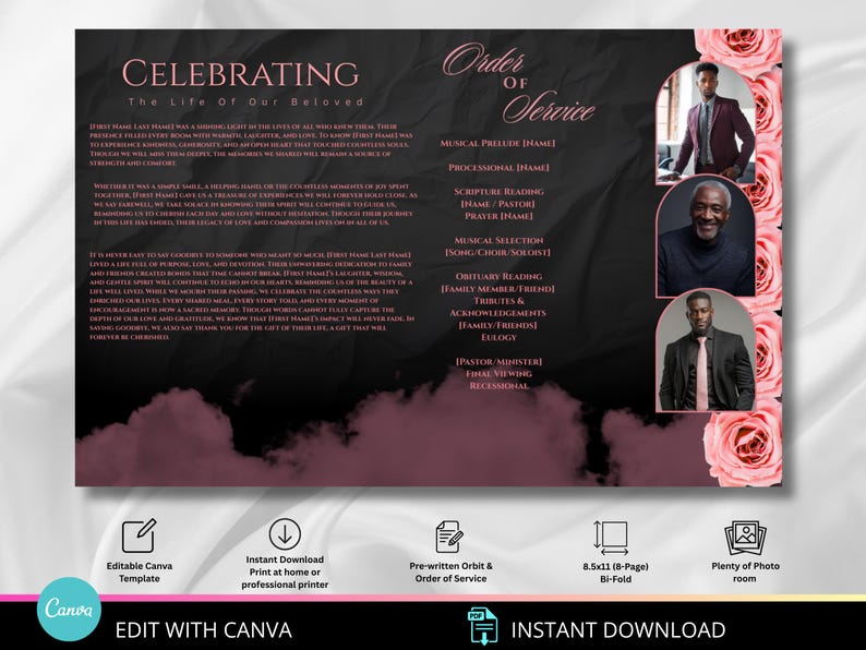 Puede incluir: Un programa de servicio conmemorativo plegable en dos, con un fondo oscuro y acentos rosas. El texto dice "Celebrando la vida de nuestros seres queridos" y "Orden del servicio". Incluye espacio para fotos y detalles del servicio. Con el texto "Editar con Canva" y "Descarga instant&aacute;nea".