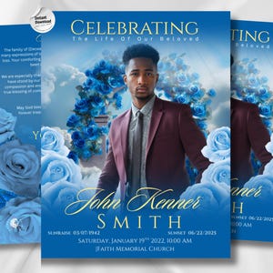 Può includere: Un annuncio commemorativo con sfondo blu e foto di un uomo in abito bordeaux. Il testo recita "Celebrating The Life Of Our Beloved" e include il nome "John Kenner Smith" con date e il nome di una chiesa.