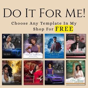 May include: A collection of eight funeral programme templates featuring portraits of individuals, cars, and floral elements. The text reads DO IT FOR ME! Choose Any Template In My Shop For FREE. Each design includes placeholders for names, dates, and memorial text.